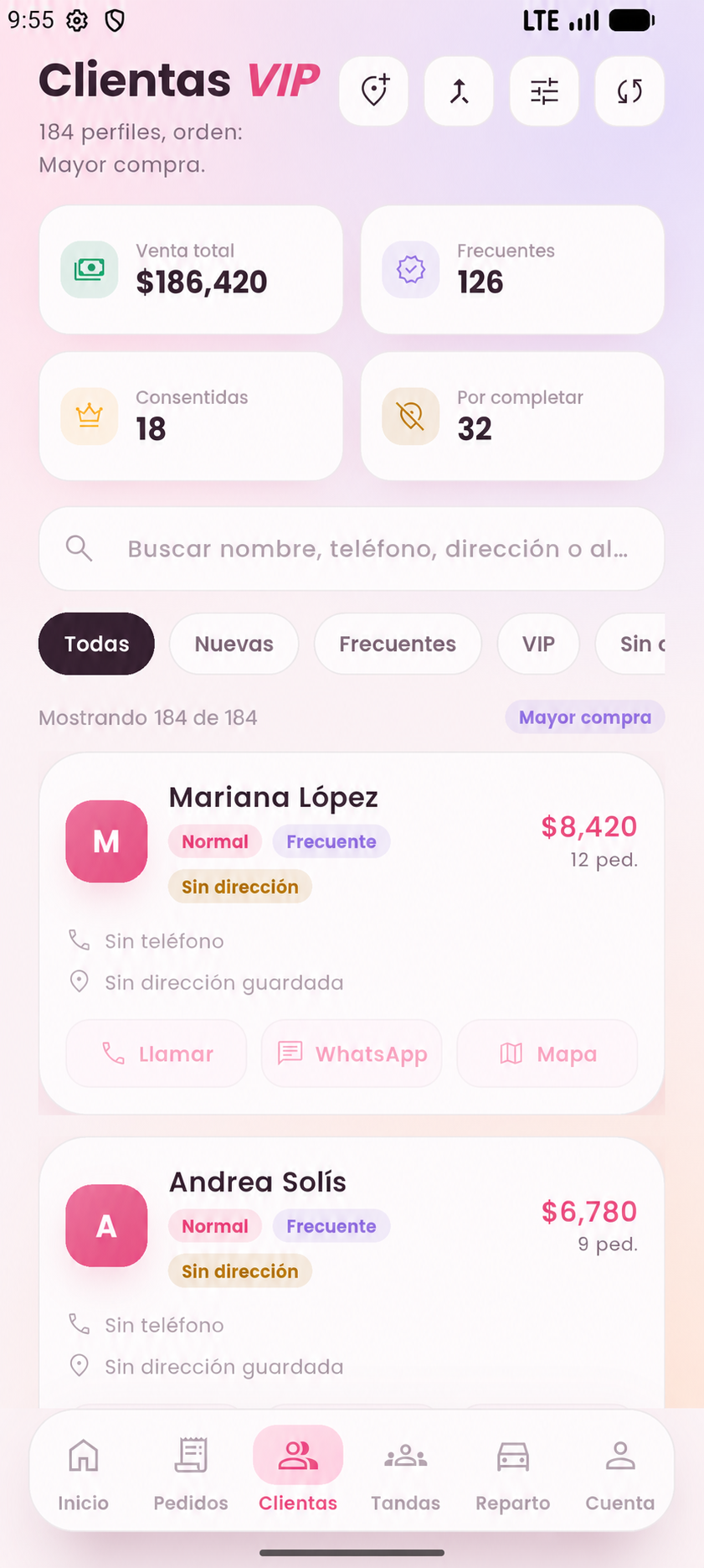Listado de clientas con métricas de demostración