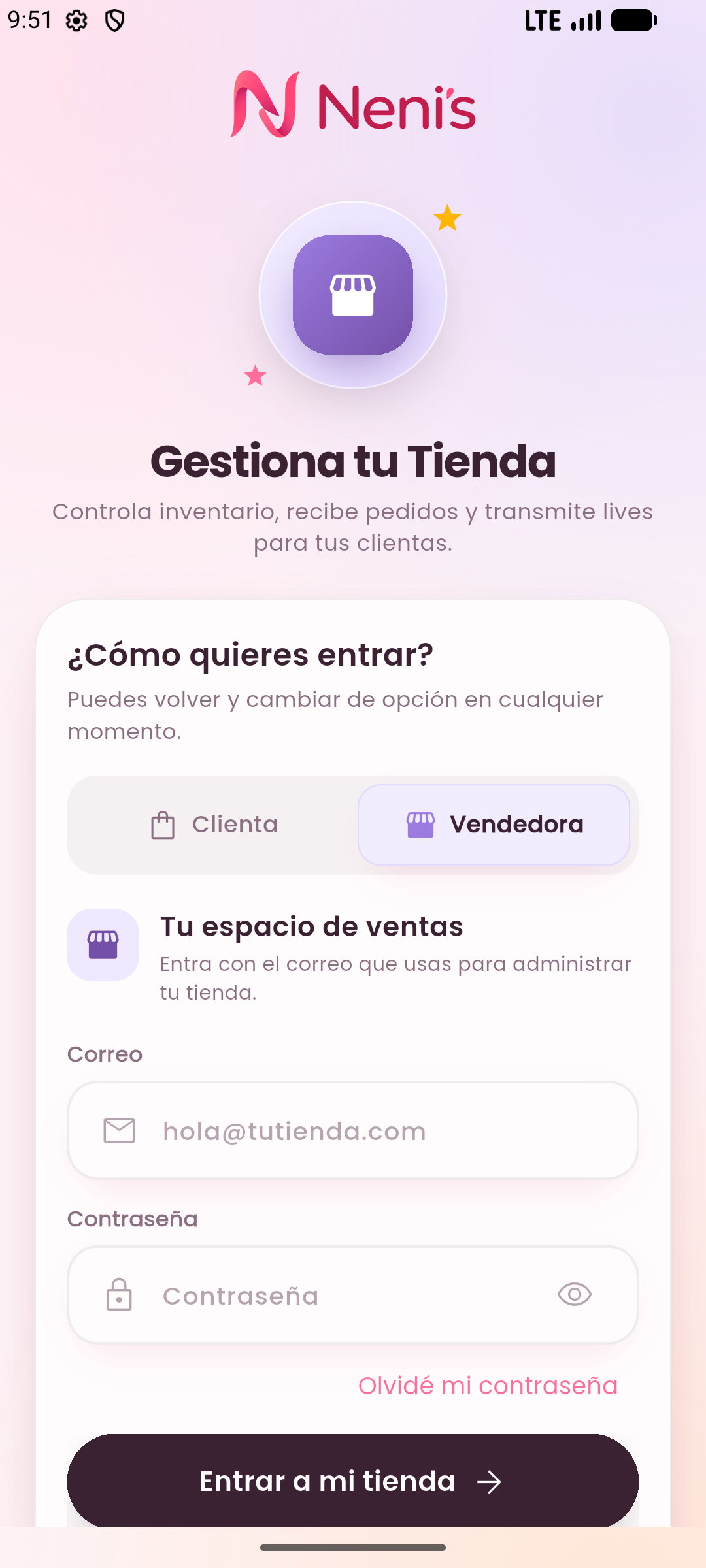 Acceso de vendedora en Neni's App