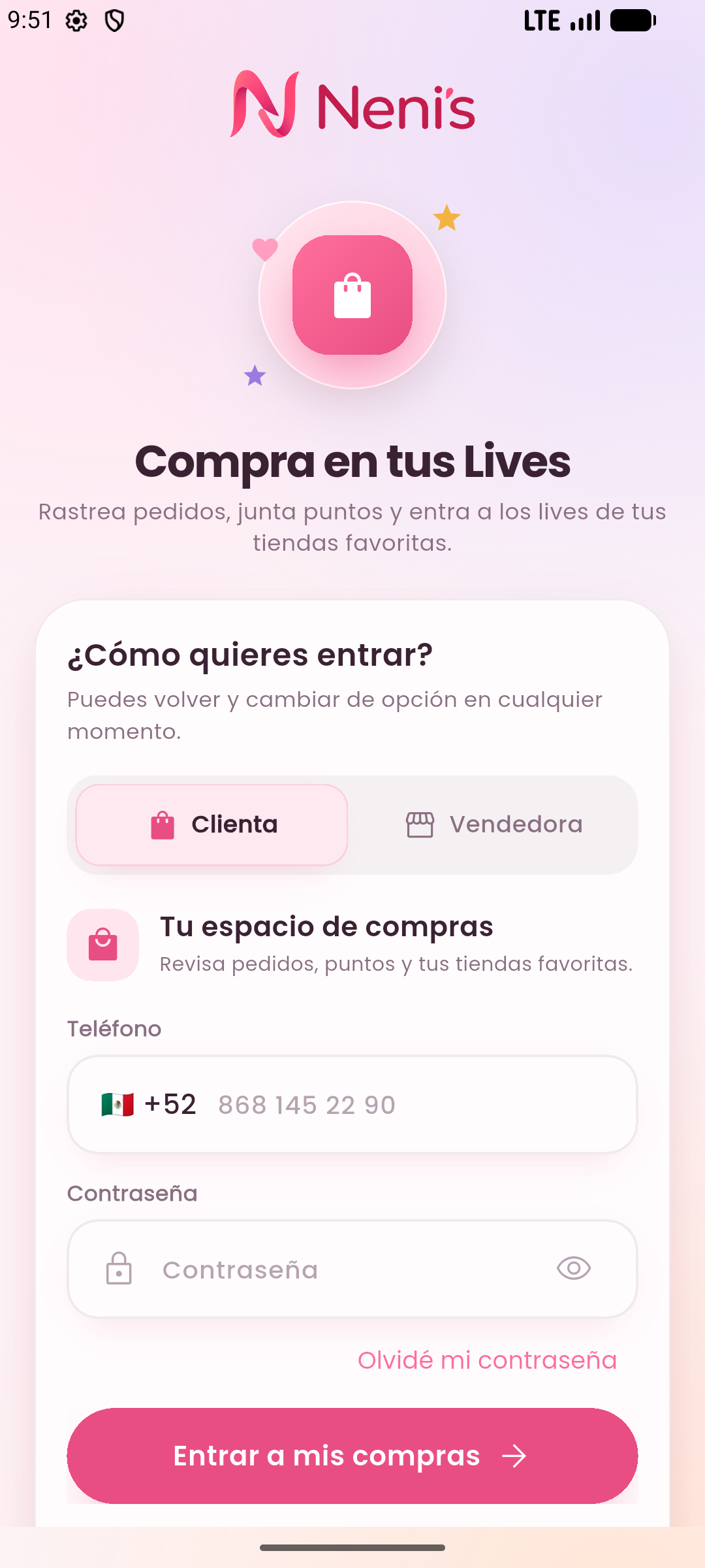 Acceso de clienta en Neni's App