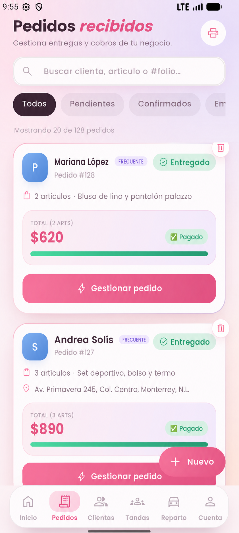 Pantalla de pedidos recibidos en Neni's App